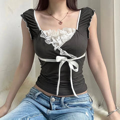 pantsparadises y2k Ruched Lace Patchwork Cropped Top Women Chic Bandage Bow Contrast T Shirts 2000s Vintage Clothing Ladies Harajuku Tee