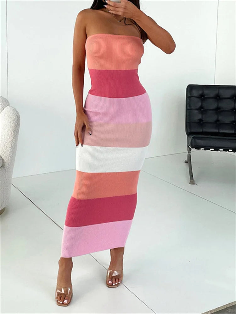 pantsparadises Women Summer Strapless Knitted Ribbed Dress Female Sexy Midi Vestidos Sleeveless Off Shoulder Dresses Striped Outfits