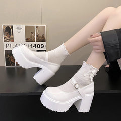 pantsparadises Chunky Platform High Heels Pumps Women Autumn Pu Leather Ankle Buckle Mary Jane Shoes Woman Thick Heeled White Lolita Shoes