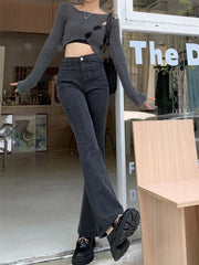 pantsparadises Black Gray High-waisted Flared Jeans Women's Retro Straight Elastic Slim Slim Wide-leg Flared Pants Female Trousers