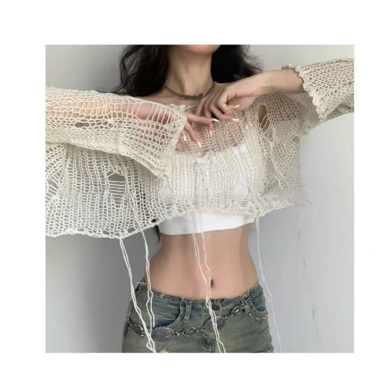 pantsparadises Y2K White Women's Sweater Hollow Out Knitwear Cropped Pullovers Spring Short Networks Jumper Vintage