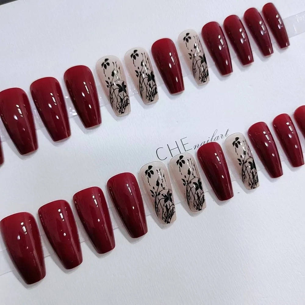 pantsparadises 24pcs New Year Fake Nails Long Ballet Nails French Vintage Style Wine Red False Nail Press on Nails Waterproof Faux Fingernails