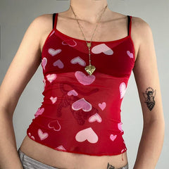 pantsparadises Sexy Transparent Camis y2k Cute Heart Print Sleeveless Strap Cropped Top Women Clubwear See Through Tees Summer Harajuku