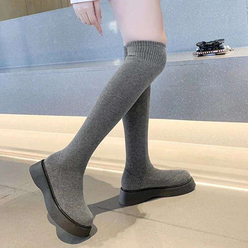 pantsparadises Autumn Winter Women Platform Over The Knee Boots Ladies Stretch Knitted Socks Long Boots Slip-On Thick Bottom Shoes Woman