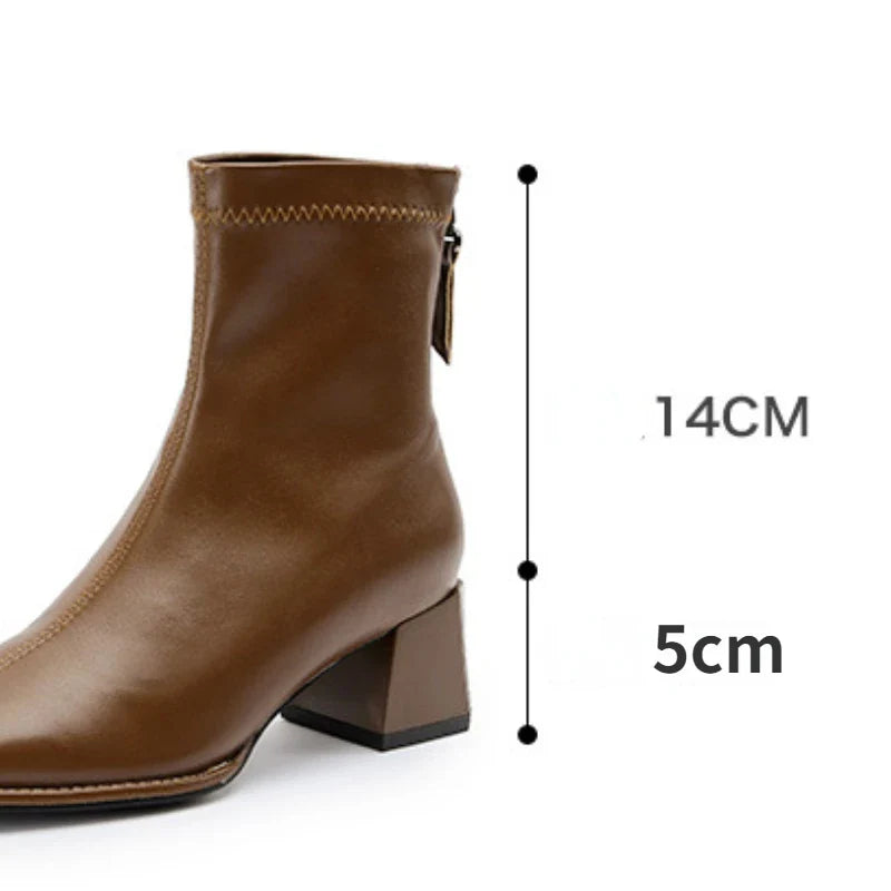 pantsparadises Square Toe Women Ankle Boots Flock Stretch Shoes Thin Mid Heels Black/Brown/Beige Back Zipper Dress Sock Boots Woman Size 34-40