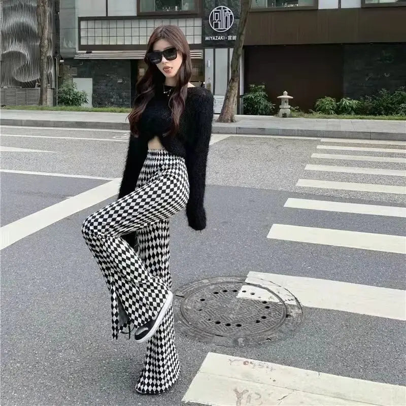 pantsparadises Green Plaid Ladies Bell Pants Checked Korean Flared Trousers for Women Vintage Flare Leggings Leg Slit Fluid Elasticity Sexy Hot