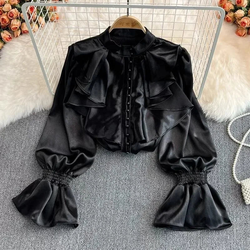 pantsparadises Vintage Solid Blouses Women Elegant Acetate Satin Stand Collar Flare Sleeve Design New Chic Sweet Loose Ruffles Female Mujer