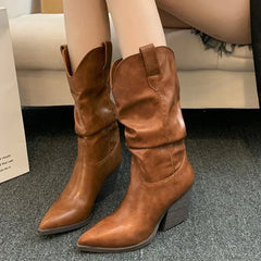 pantsparadises Female Western Boots Cowboy Boots Women Plested Women Ankle  Pu Leather Shoes Autumn Boots Women Booties Lady Plus Size 42