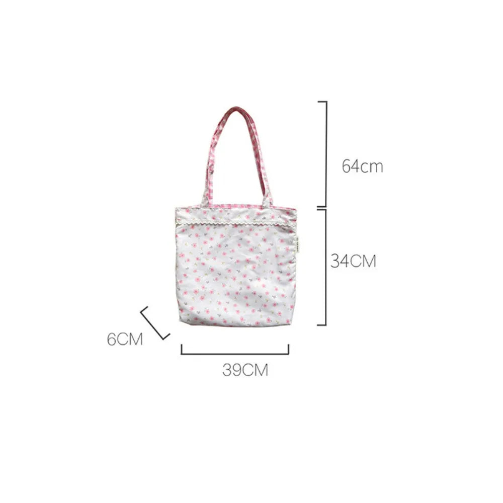 pantsparadises Pink Floral Canvas Shoulder Bag Handbag Korean Travel Beach Bag Double-sided Shopping Totes Bag Girl Lace Underarm Bag