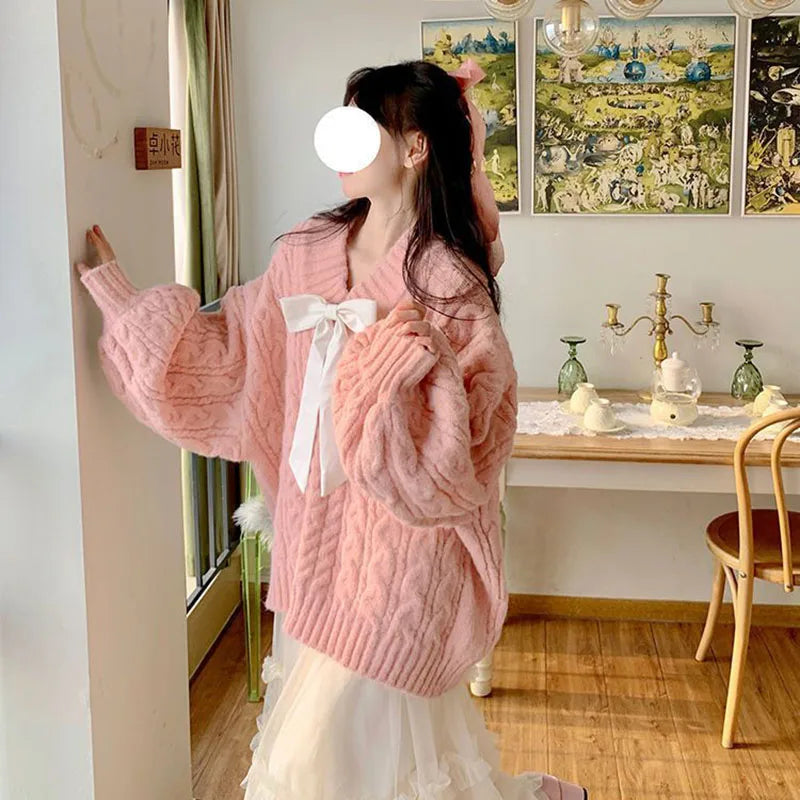 pantsparadises Pink Kawaii Oversize Knitwear Sweaters Women Sweet Cute Big Bow Pullovers Autumn Winter Keep Warm Lantern Sleeve V-Neck Sweater