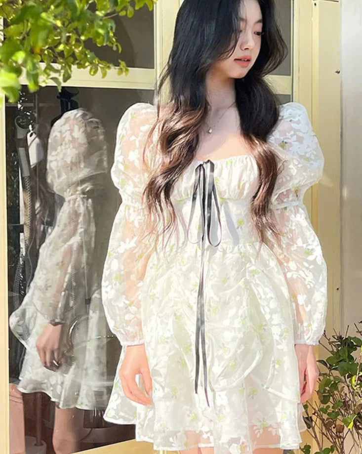 pantsparadises DRESS TO IMPRESS Spring Vintage Floral Dress Women Casual Korean Party Long Sleeve Fairy Dresses Female Evening High Street Sexy Mini Dress