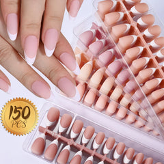 pantsparadises 150Pcs Pre-made French False Nails Scarless Coffin Almond Fake Nail Artificial Fingernails Press on Nails for Nail Extension