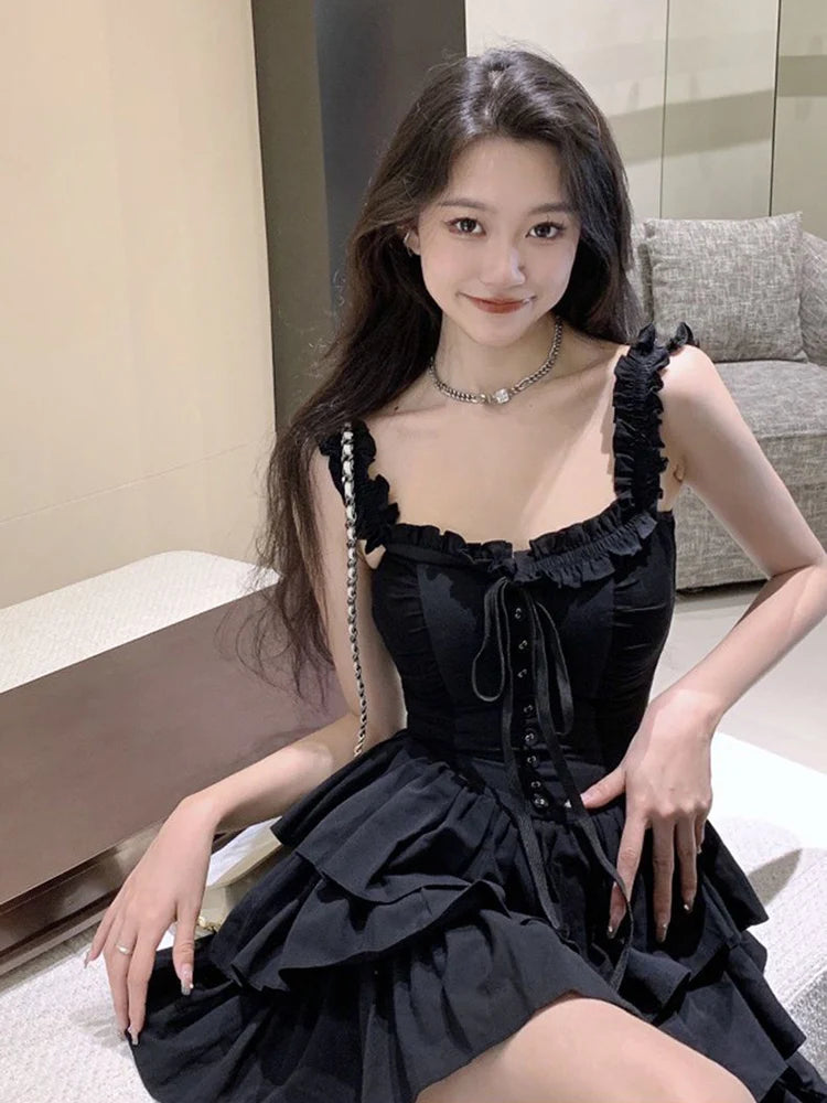 pantsparadises Sexy Slip Lolita Style Black Dress Women Vintage Sleeveless Y2K Mini Dress Summer Slim Sweet Korean Lace Up Cake Dress New