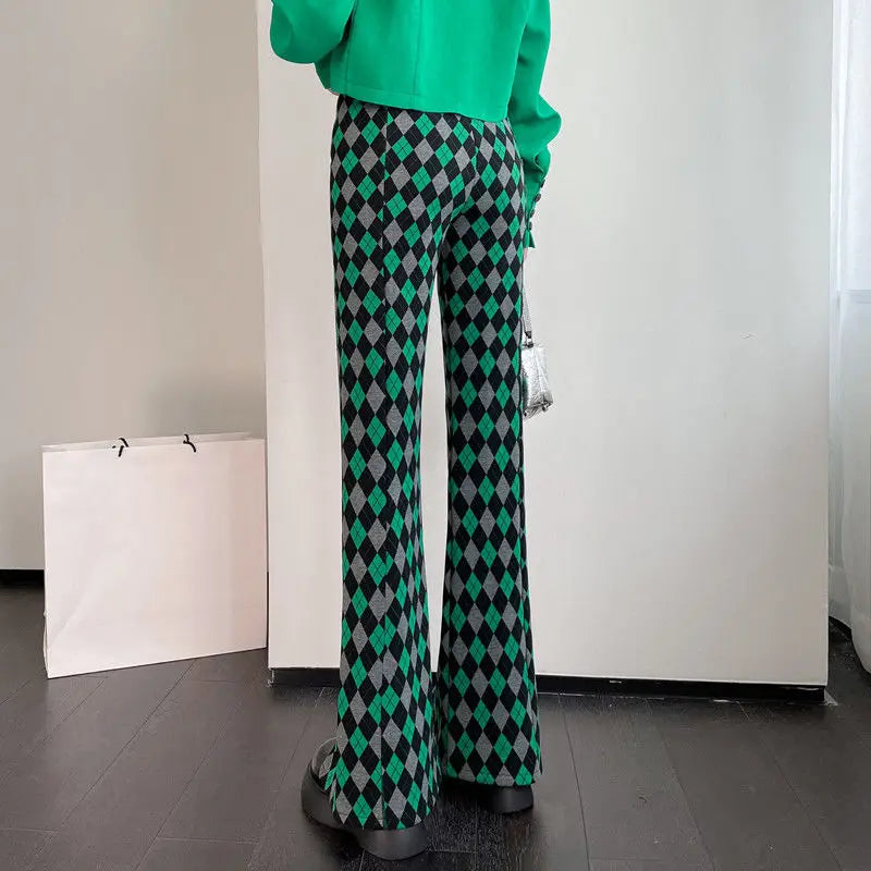 pantsparadises Green Plaid Ladies Bell Pants Checked Korean Flared Trousers for Women Vintage Flare Leggings Leg Slit Fluid Elasticity Sexy Hot