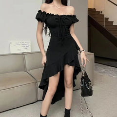 pantsparadises Summer Black A-LINE Dress Women Streetwear Sexy Off Shoulder Short Sleeves Ruffled Mid Length Dresses Club Elegant Partywear