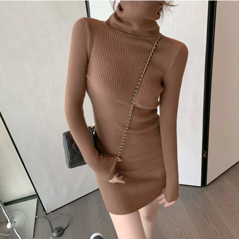 pantsparadises trashy outfits Women Autumn Winter Turtleneck Warm Bodycon Dress Long Sleeve Knit Solid Office Pullover Sexy Mini Dress for Ladies