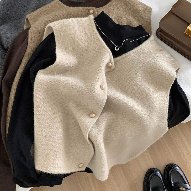 pantsparadises Autumn New Women Cardigan Korean Elegant Knitted Sleeveless Female Casual Sweater Tanks Fashion New Slim Ladies Casual Tops