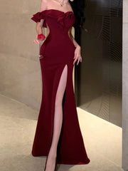 pantsparadises Christmas DRESS TO IMPRESS Sexy Bodycon Long Dresses for Women Wedding Evening Party Prom Robe Ruffles Slash Neck High Split Hollow Out Summer New Vestido