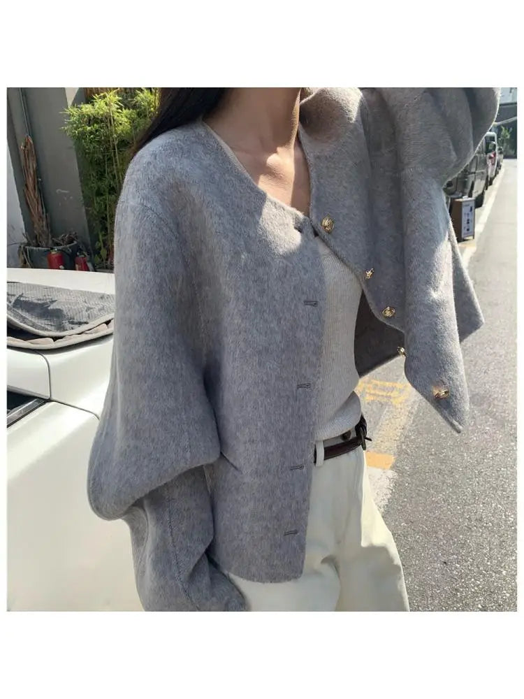 pantsparadises Short Woolen Jackets Autumn/Winter Korean-Style Metal Single Breasted Round Neck Loose Rabbit Hair Women Wool Coats