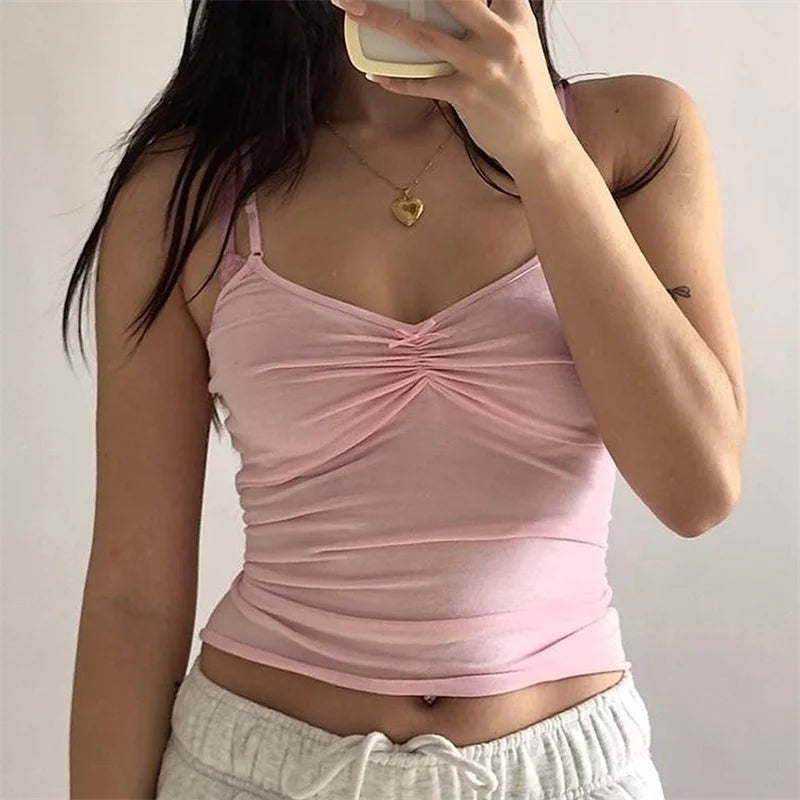 y2k Bow Stitched V Neck Camis Women Sleeveless Basic Solid Lace Crop Top 2000s Vintage Adjustable Strap Tees Ladies Tee Chic