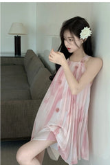 pantsparadises Pink Chiffon Sexy Strap Dress Women Korean Sleeveless Sweet Fairy Dress Women 2024 Summer Beach Casual Beach Evening Party Dress