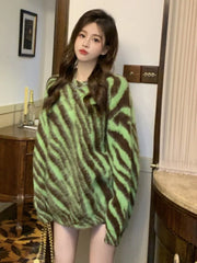 pantsparadises Women's Clothes Sweater Loose Korean Fashion Leisure Green Crew Neck Tiger Stripes Pullover Long Sleeves Knitting Autumn Tops