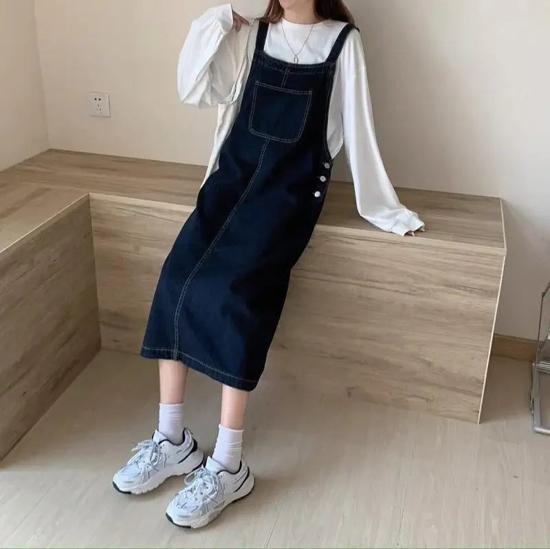 pantsparadises Spring Summer Denim Overall Dress Women Casual Sleeveless Jeans Dresses Fashion Solid Split Loose Spaghetti Strap Dresses Girls