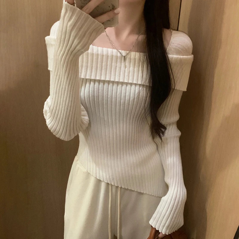 pantsparadises Women Knitted Sweater Solid Color Square Collar Long Sleeve Asymmetrical Hem Crop Top y2k Aesthetic Clothing Streetwear