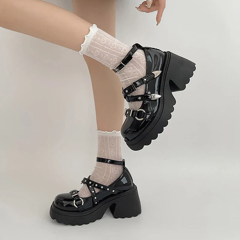 pantsparadises Punk Gothic Chunky Platform Pumps for Women Ankle Strap Thick Heeled Mary Jane Shoes Woman Y2K Metal Rivets Lolita Cosplay Shoes