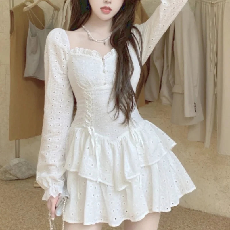 Spring Vintage Fairy Dress Women Sexy Korean Fashion Design Y2k Dress Female Kawaii V-neck Slim Elegant Mini Party Dresses