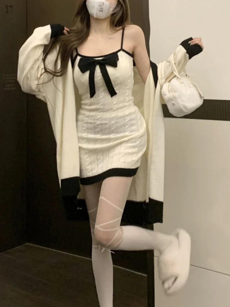 pantsparadises FALL OUTFITS Elegant Knitted Two Piece Set Women Bow Designer Sweet Party Dress Set Female Korean Style Sweater Mini Dress Suit Winter