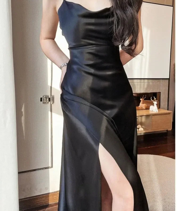 pantsparadises holiday dress Women's Summer Dress Solid Satin New in Dresses Slim Fit Open Back Spaghetti Strap Party Dresses Sensual Sexy Dress for Women