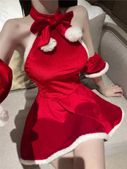 pantsparadises Sexy New Year Christmas Red Spicy Girl Plush Sex Mini Dress Girl Hot Sexy Korean Women Spice Girls Uniform New Top