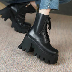 pantsparadises Punk Goth Ankle Boots Women Black Chunky Wedge Platform Shoes Woman Lace Autumn Patent Leather Footwear Lady Botas Mujer