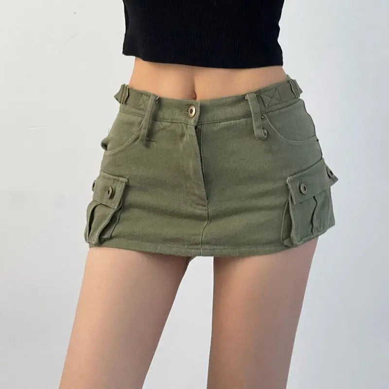 pantsparadises Denim Cargo Mini Skirt Women Korean Style Low Waist Slim Sexy Vintage Streetwear Green Jean Skirt Y2k Girl Summer