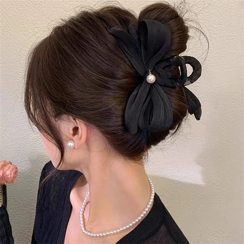 pantsparadises New Vintage Black White Bow Hair Claw Clips Women Large Fashion Korean Bowknot Hairpins Crab Ponytails Hair Accessories Female