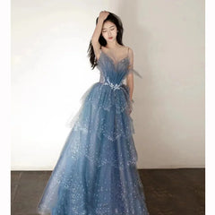 pantsparadises Blue Spaghetti Strap Evening Dress Luxury Tulle Applique Princess Cake   Gown Sexy Illusion Backless Long Quinceanera Dresses