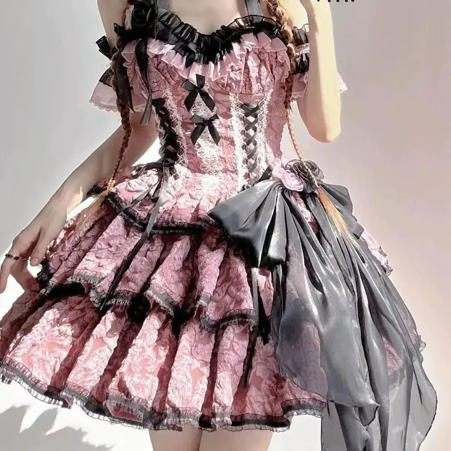 pantsparadises DRESS TO IMPRESS Gothic Lolita Jsk Dress Women Victorian Retro Elegant Flower Ruffles Lace Bandage Mini Dress Halloween Girl Sweet Dress