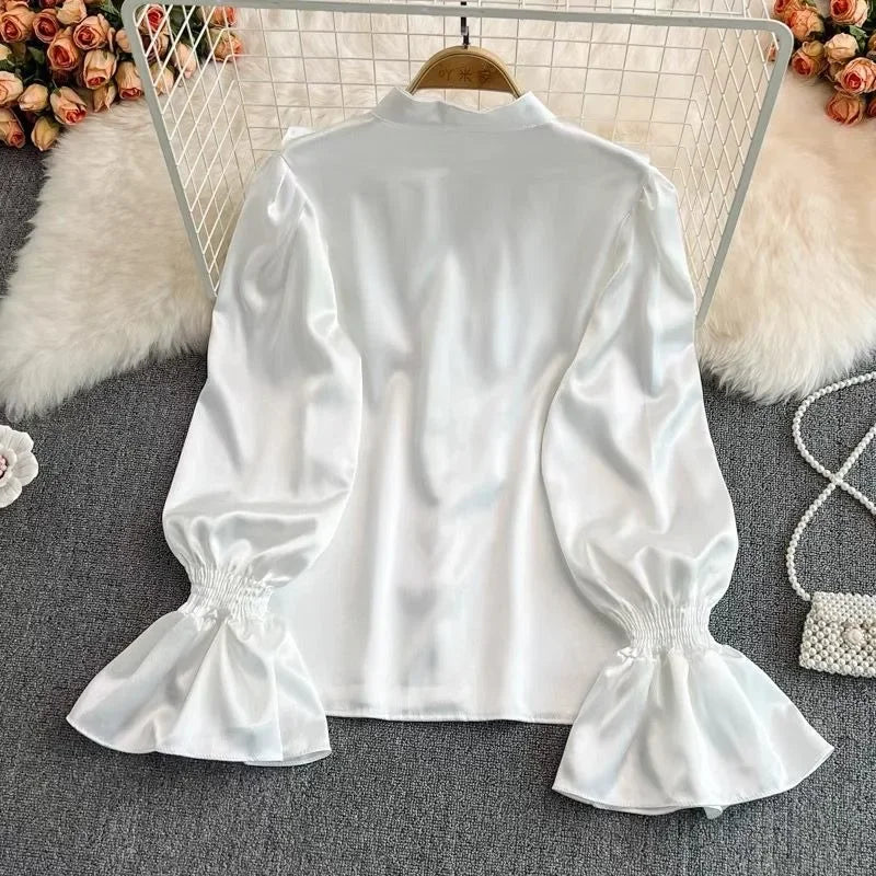 pantsparadises Vintage Solid Blouses Women Elegant Acetate Satin Stand Collar Flare Sleeve Design New Chic Sweet Loose Ruffles Female Mujer