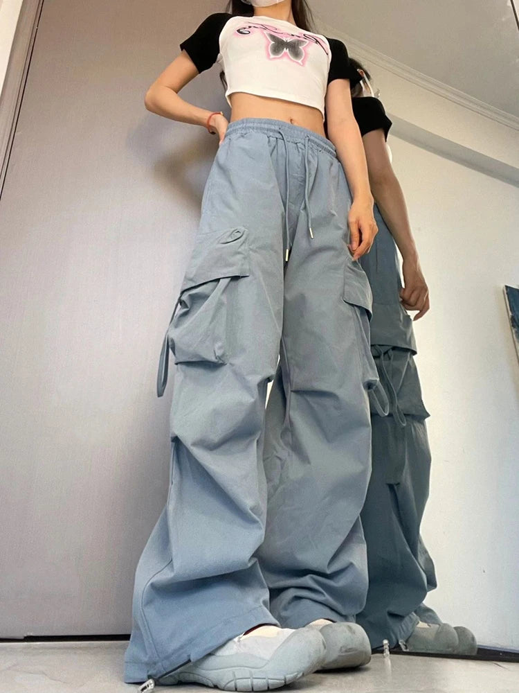 pantsparadises Women Y2K Cargo Pants High Waist Streetwear Hip Hop Trousers Female Big Pockets Casual Student Drawstring Baggy Sweatpants