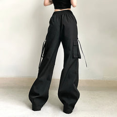 pantsparadises Black Baggy Cargo Pants Harajuku Low Rise Loose Straight Pants Korean Style Streetwear y2k Trousers Aesthetic Women Basic