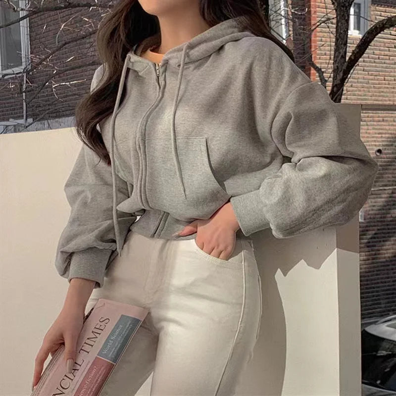 pantsparadises casual winter outfits Short hooded Sweatshirt Women Y2K Zip Up Hoodies Harajuku Long Sleeve Tops Oversized Crop Top Female Loose Jackets Coat