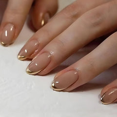 pantsparadises 24Pcs Golden French Fake Nail with Almond Head Design Simple Oval False Nails Wearable Press on Nails Full Cover Nail Tips