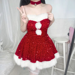 pantsparadises Christmas Costumes Christmas Dress Up Glitter Adult Christmas Clothes Strapless Clothing Set Halloween Carnival Outfit