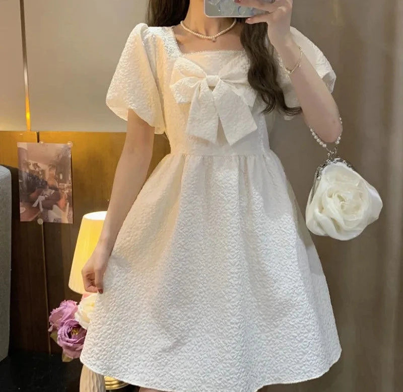 Casual Puff Sleeve Fairy Dress White Women's Dresses High Quality Cute Kawaii Fashion Preppy Loose Y2k Fairy Grunge Baby Doll