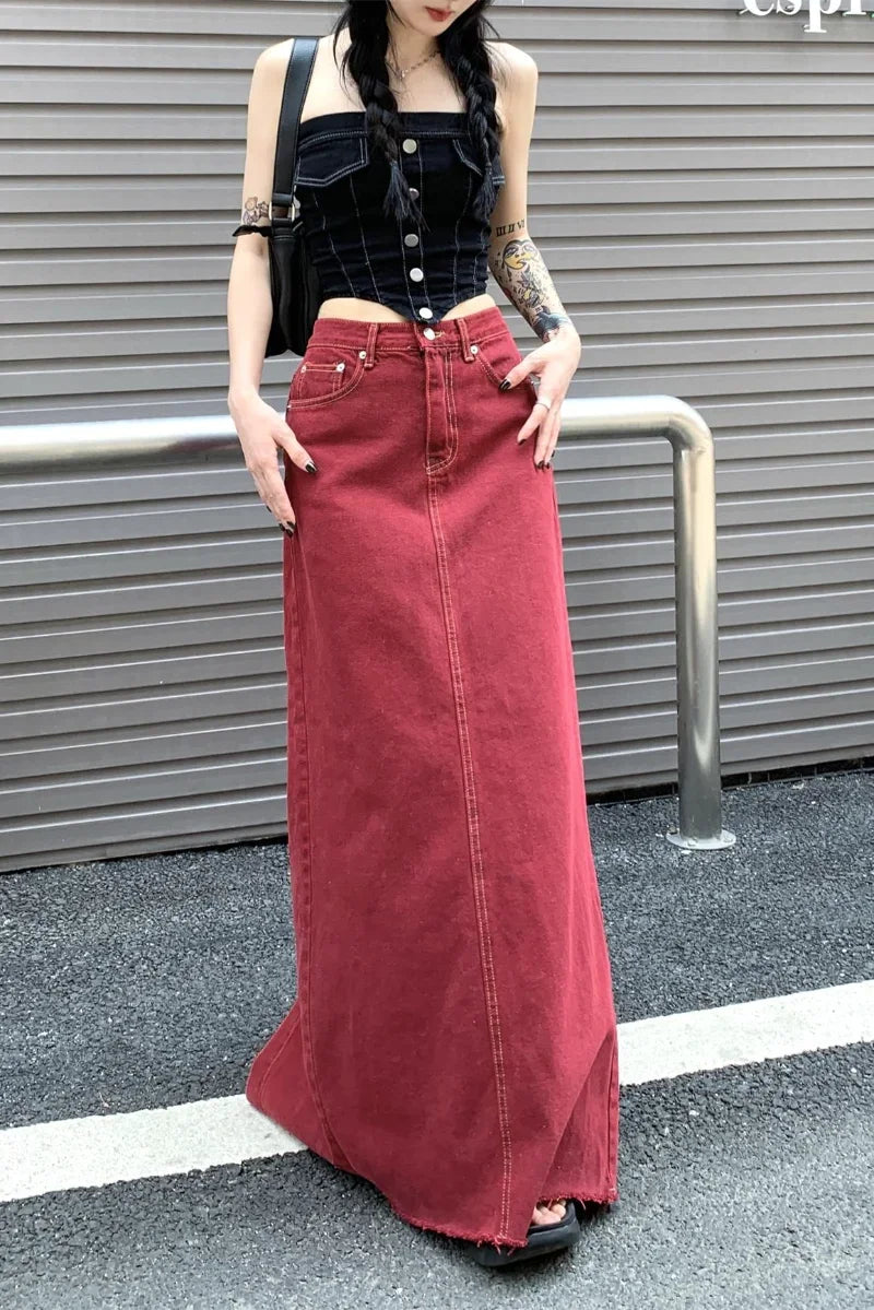 pantsparadises Women's Red Split Back Denim Skirt Summer Chic Design Street Style Solid Color Female Straight Floor Length Long Skirts