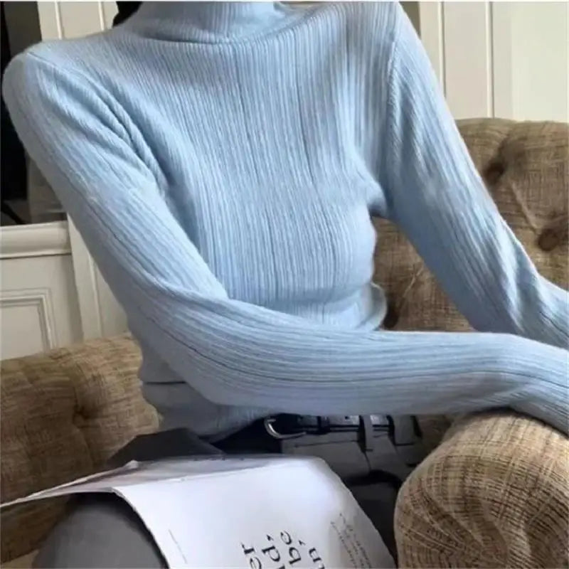 pantsparadises Woman Fashion Casual Half High Collar Long Sleeve T-shirt Female Skinny Bottoming Shirt Autumn Ribbed Top Y2K Chic Clothes