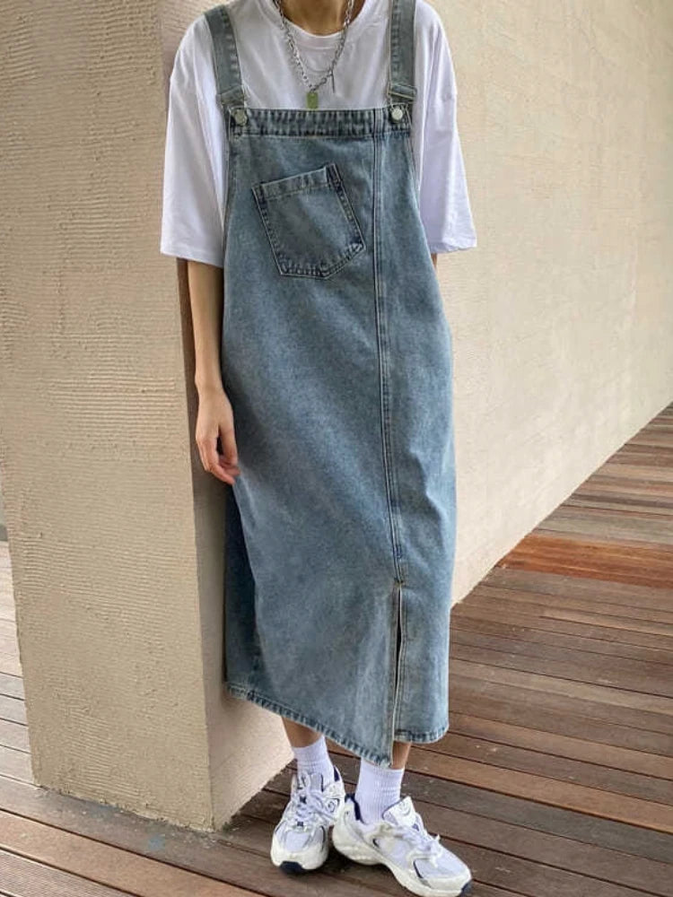 pantsparadises Spring Summer Denim Overall Dress Women Sleeveless Jeans Dresses Fashion Female Solid Slip Casual Loose Spaghetti Strap Dresses