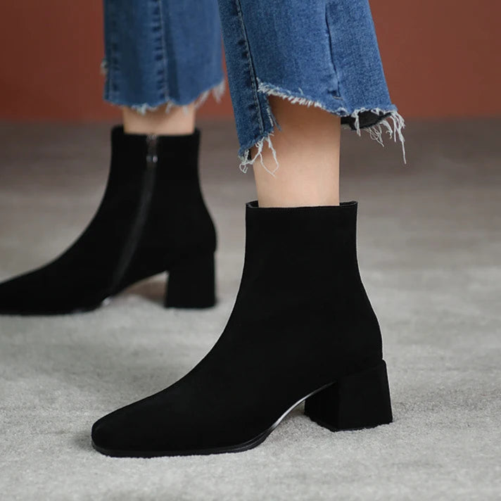 pantsparadises Vintage Suede Women Ankle Boots Fashion Thick Heel Short Booties Autumn Winter Women's Shoes