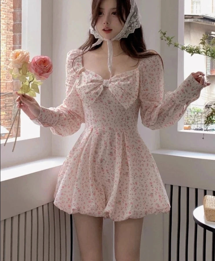 pantsparadises Japanese Sweet Floral Lolita Dress Women Bow Chic Elegant Beach Party Dresses Ladies Y2k Pink Kawaii Summer One-piece Dress